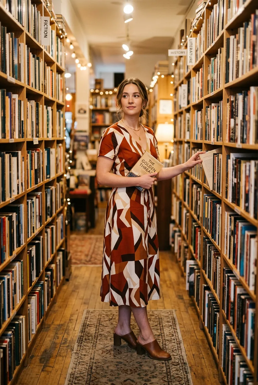Woman in a bookstore aisle wearing a geometric-print rust and ivory midi dress with block-heeled mules and hair pinned back