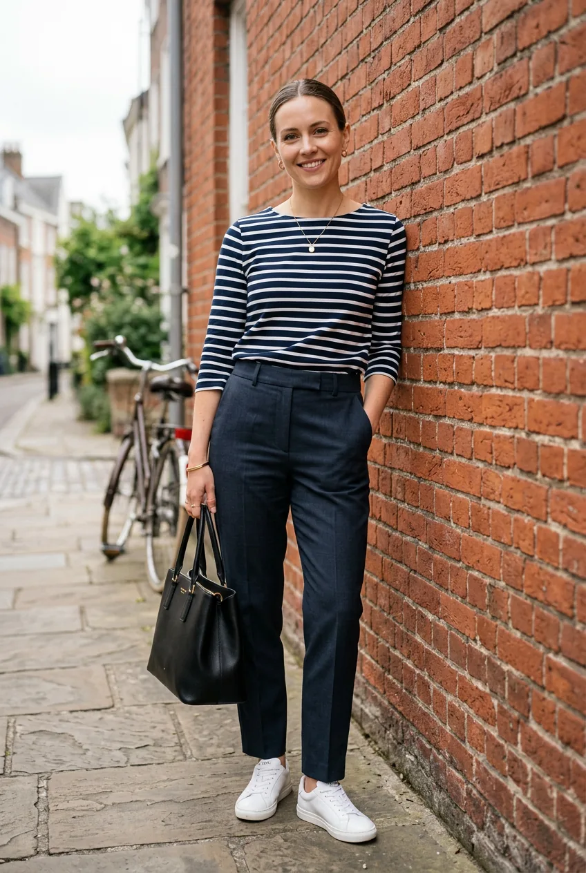 Woman in navy Breton stripe top and tailored trousers with minimal gold jewelry in soft natural daylight