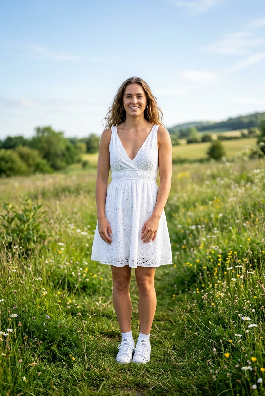 Woman wearing a white broderie anglaise V-neck tennis dress with clean white trainers in soft natural daylight outdoors