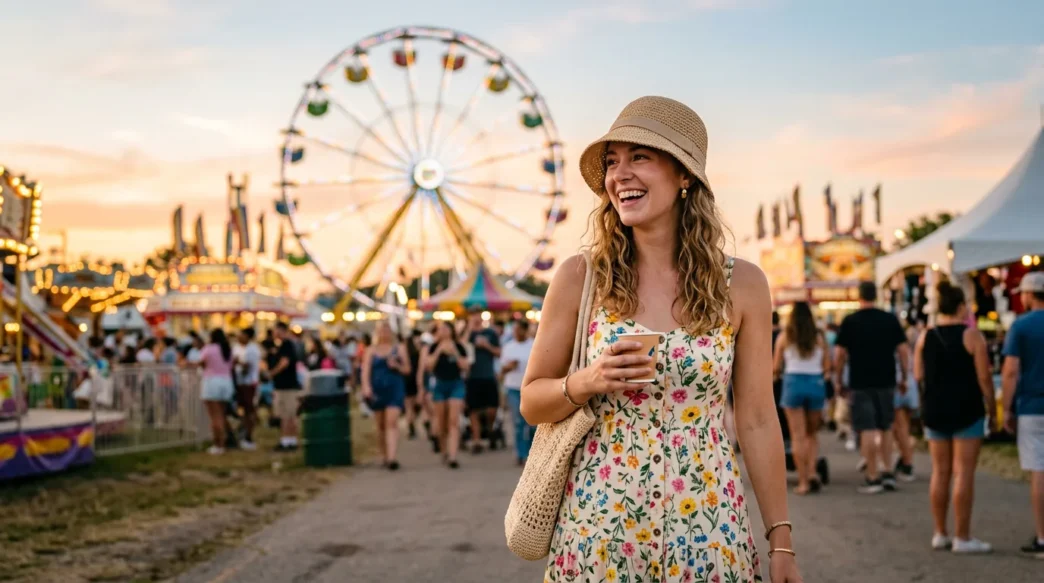 Woman in floral sundress and straw bucket hat at summer fair with ferris wheel in background at golden hour