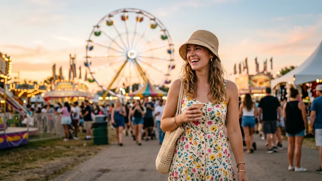 Woman in floral sundress and straw bucket hat at summer fair with ferris wheel in background at golden hour