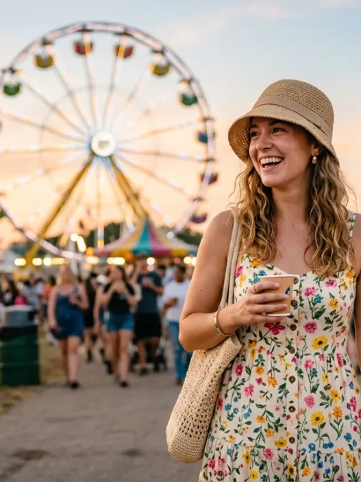 Woman in floral sundress and straw bucket hat at summer fair with ferris wheel in background at golden hour