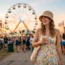 Woman in floral sundress and straw bucket hat at summer fair with ferris wheel in background at golden hour