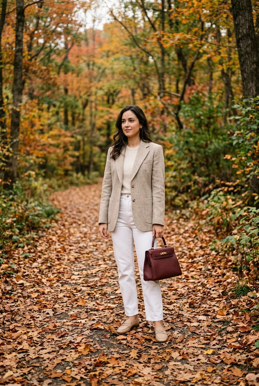 Woman in oatmeal blazer and white trousers holding a structured burgundy top-handle bag on leaf-covered path
