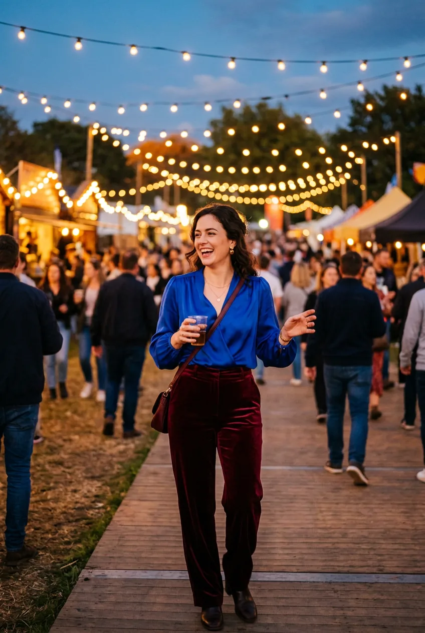 Woman in burgundy velvet trousers and cobalt blue satin blouse at a vibrant outdoor evening festival with string lights