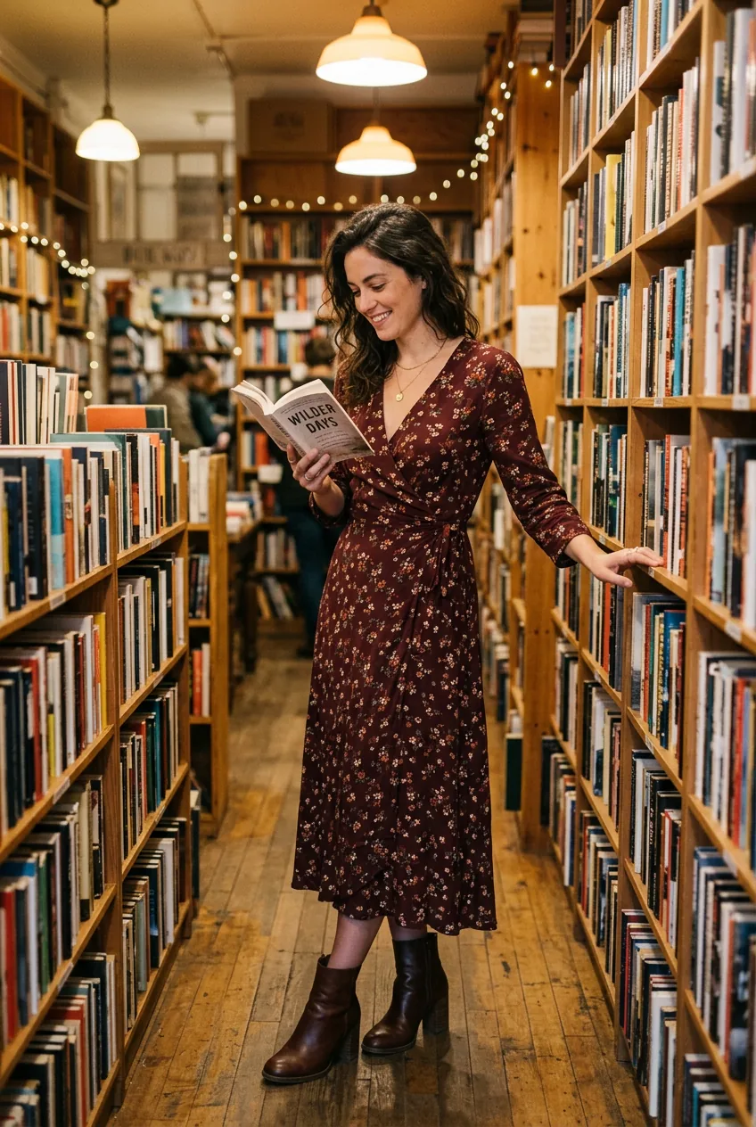 Woman in a bookstore holding a book and wearing a burgundy floral wrap dress with stacked block-heeled ankle boots