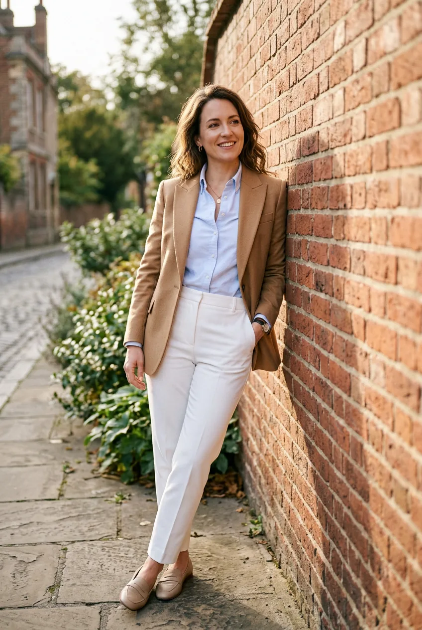 Woman in camel structured blazer over pale blue Oxford shirt with white tailored trousers, editorial portrait