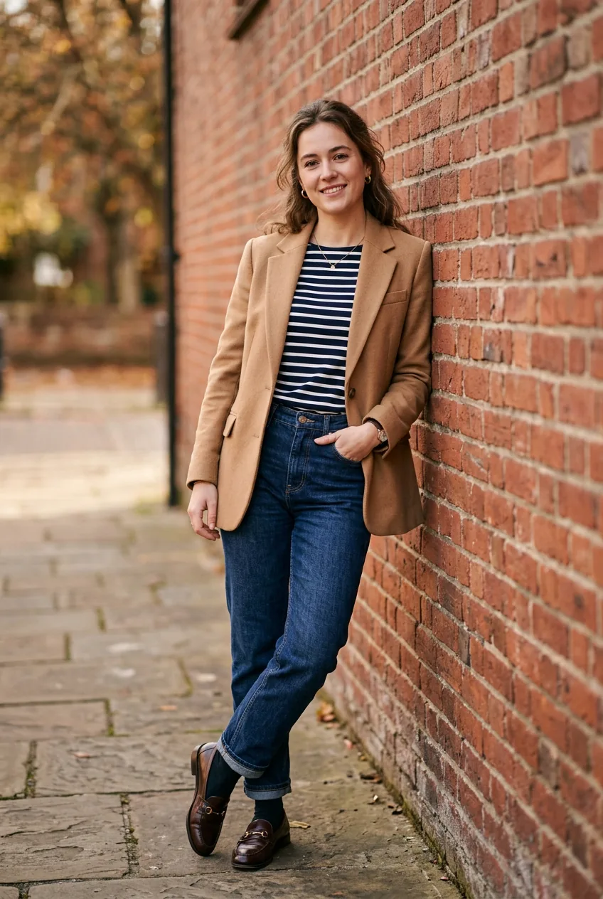 Woman in camel blazer layered over navy stripe top with straight-leg jeans and loafers against brick wall