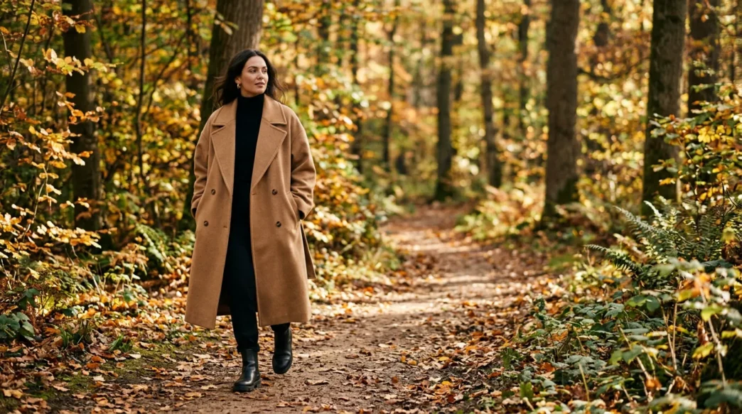 Woman in oversized camel double-breasted coat walking a forest path in autumn dappled sunlight