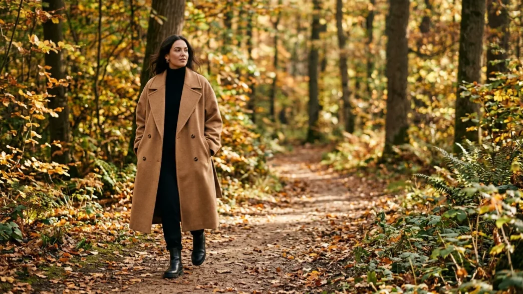 Woman in oversized camel double-breasted coat walking a forest path in autumn dappled sunlight