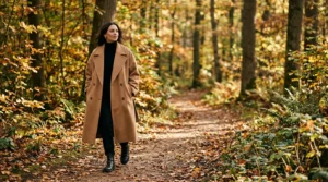 Woman in oversized camel double-breasted coat walking a forest path in autumn dappled sunlight