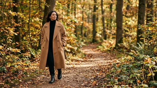 Woman in oversized camel double-breasted coat walking a forest path in autumn dappled sunlight