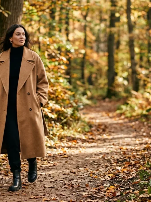 Woman in oversized camel double-breasted coat walking a forest path in autumn dappled sunlight