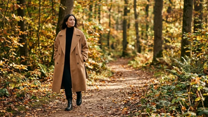 Woman in oversized camel double-breasted coat walking a forest path in autumn dappled sunlight