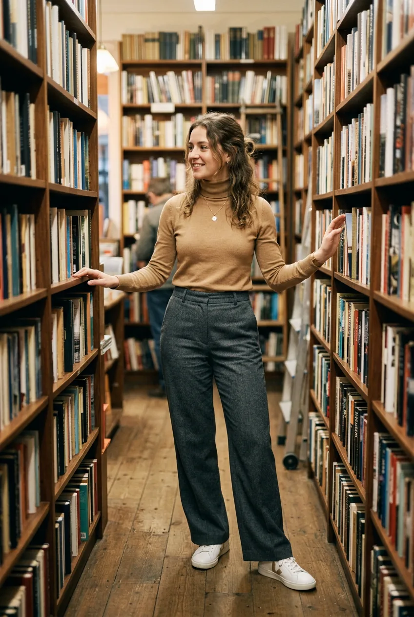 Woman in a bookstore wearing a camel fine-knit turtleneck tucked into wide-leg charcoal trousers with white leather trainers