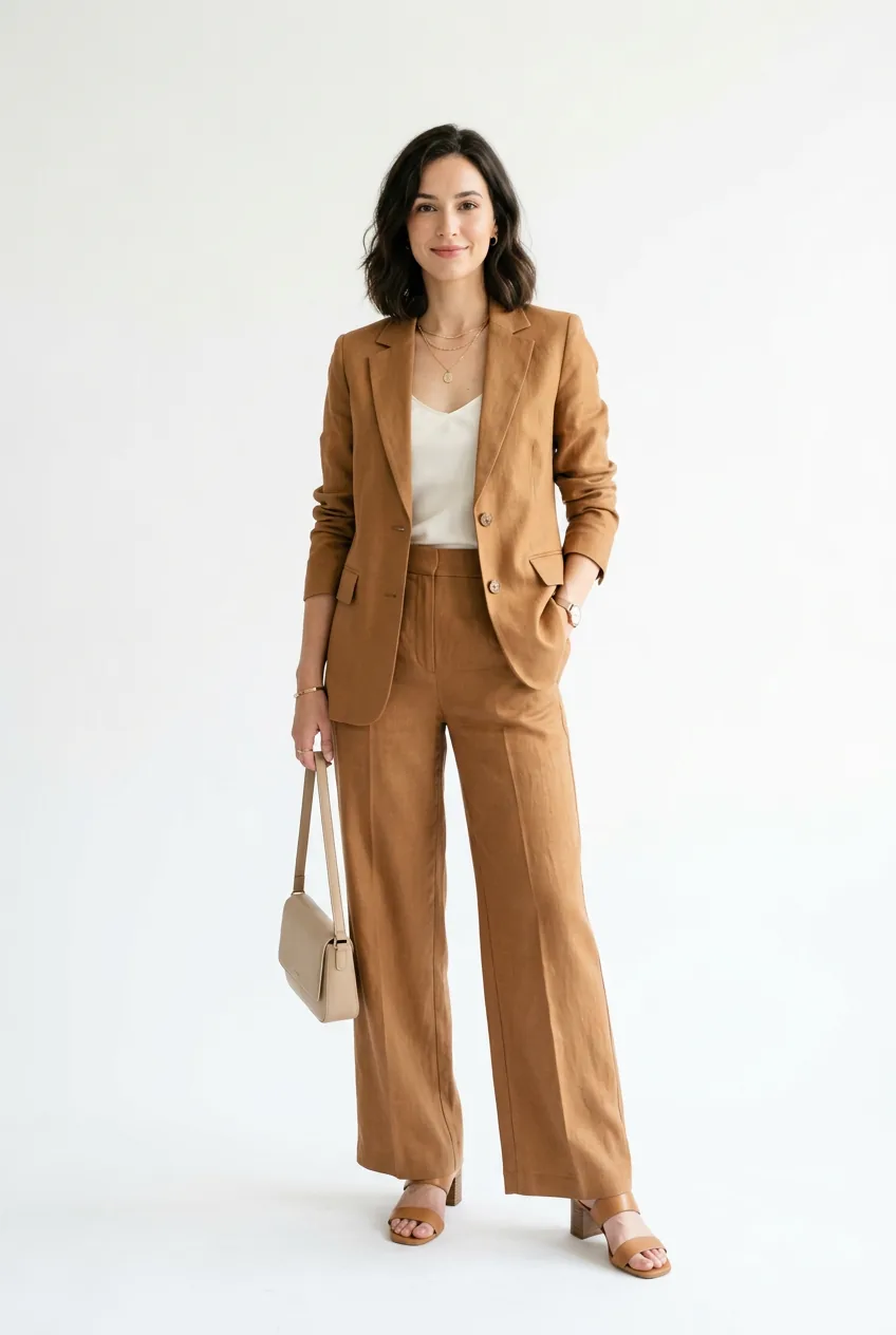 Woman wearing caramel linen-blend coordinated blazer and wide-leg trouser matching set, full length