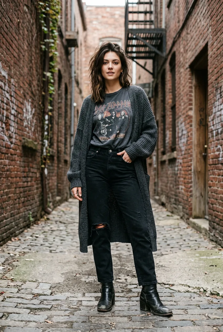 Woman in black torn knee jeans, faded vintage band tee, long charcoal cardigan and scuffed leather ankle boots in alley