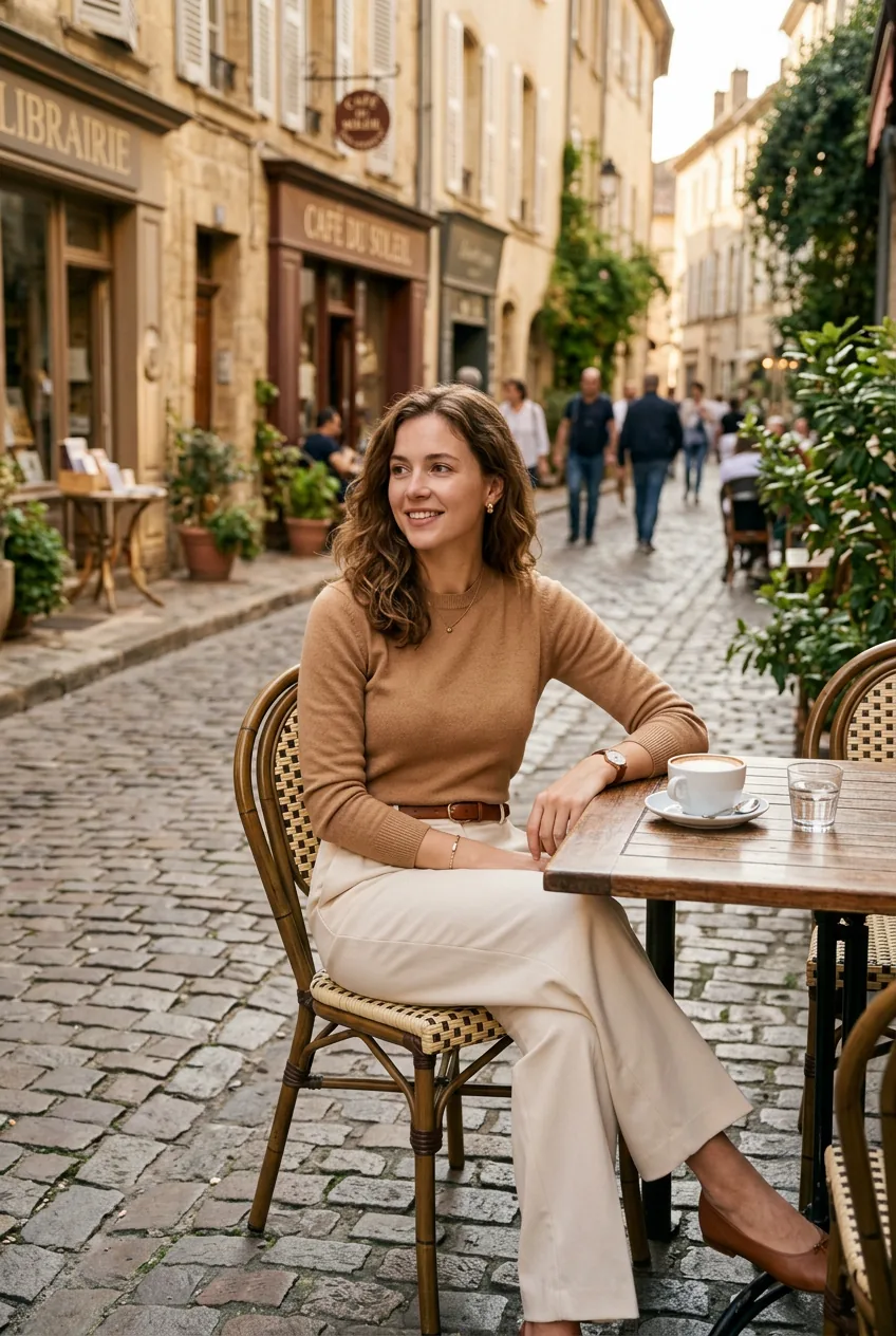 Woman wearing camel cashmere crewneck tucked into cream high-waisted trousers at sunny outdoor European café