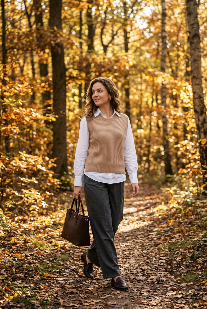 Woman wearing cashmere vest over collared shirt with wide-leg tailored trousers in a sun-dappled autumn forest