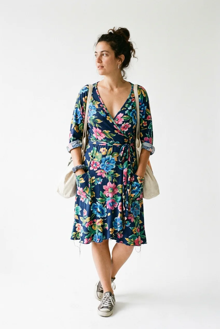 Woman in casual floral jersey wrap dress showing why this look reads as informal for interviews