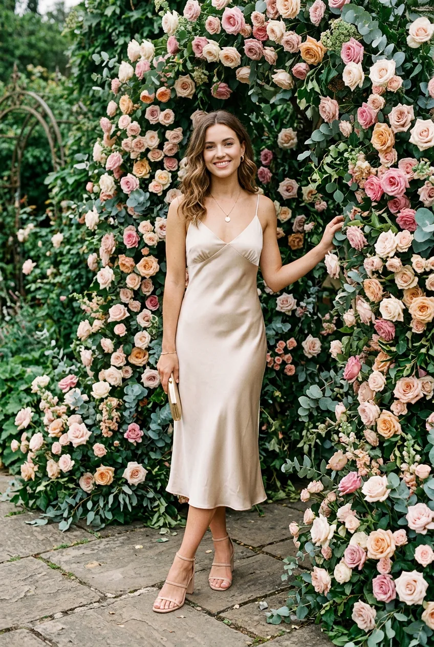 Woman wearing champagne satin slip midi dress with strappy heels and delicate pendant necklace outdoors