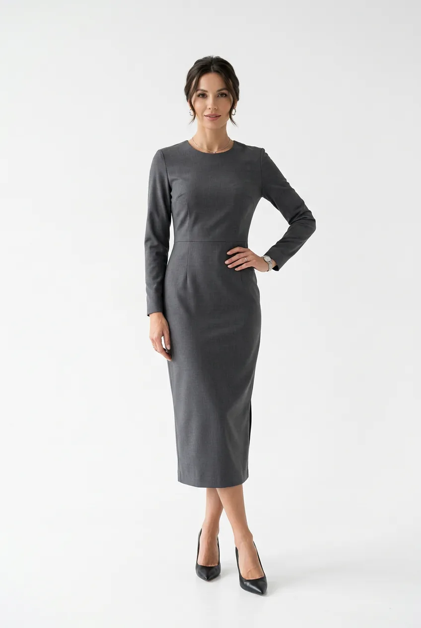 Woman wearing sleek charcoal grey midi sheath dress with defined waist against white backdrop
