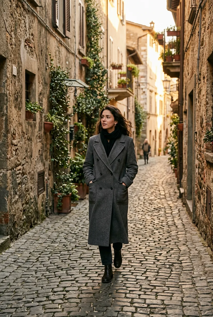 Woman in long double-breasted charcoal wool overcoat walking narrow European cobblestone lane in late afternoon sun