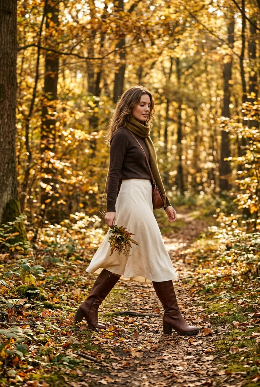 Woman in chocolate brown knee-high block-heel boots with cream midi skirt and dark knit in autumn forest