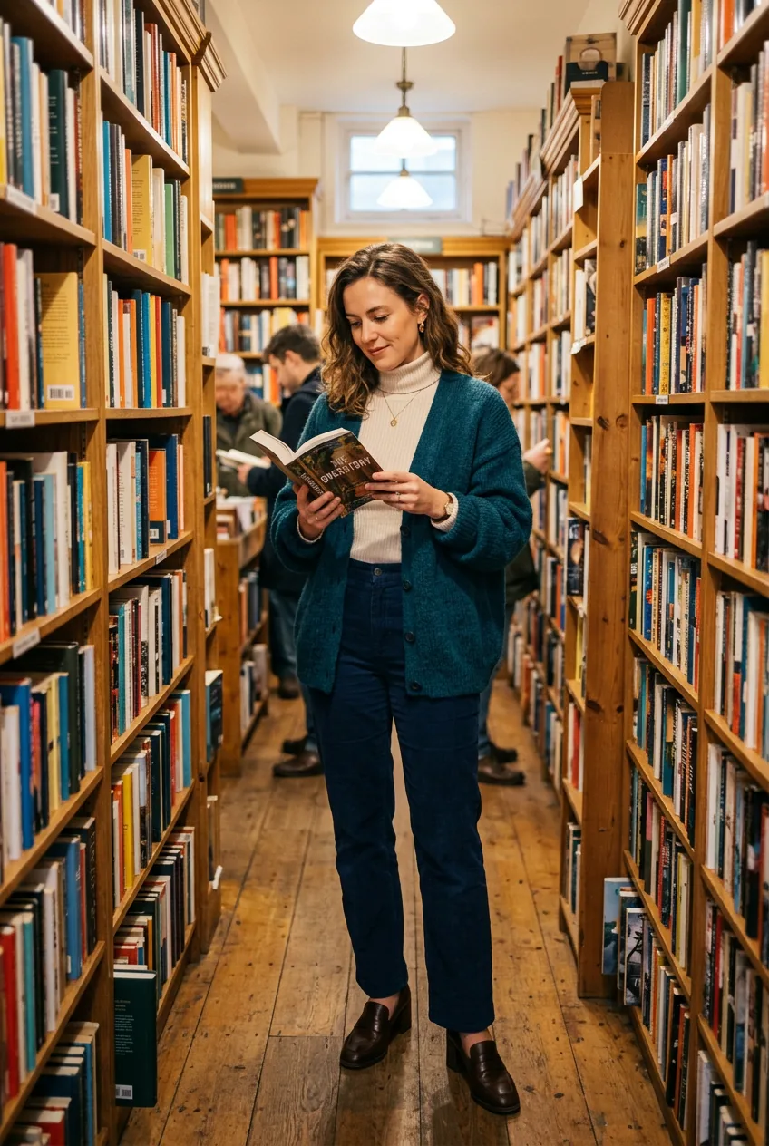 Woman in a bookstore wearing a chunky deep teal oversized cardigan over a white ribbed turtleneck with straight-leg navy trousers