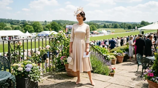 Woman in champagne A-line midi dress and cream saucer hat standing on sunny outdoor terrace