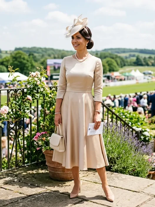 Woman in champagne A-line midi dress and cream saucer hat standing on sunny outdoor terrace