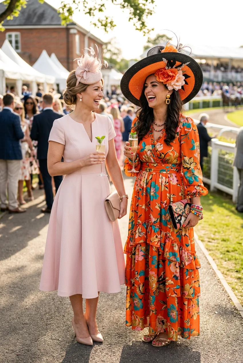 Two women comparing classic blush Derby dress and maximalist tangerine printed maxi at outdoor event