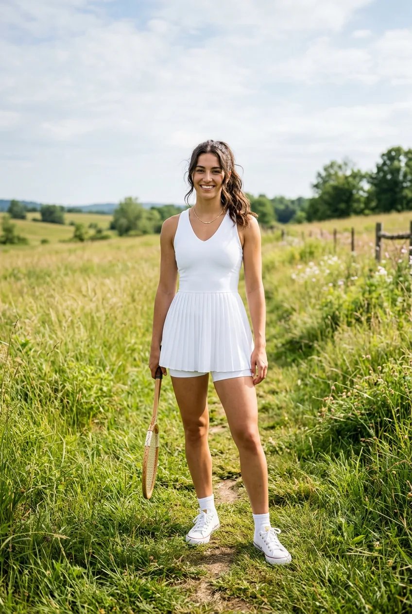 Woman in a white fit-and-flare tennis dress with built-in shorts and gold necklace standing outdoors on green grass
