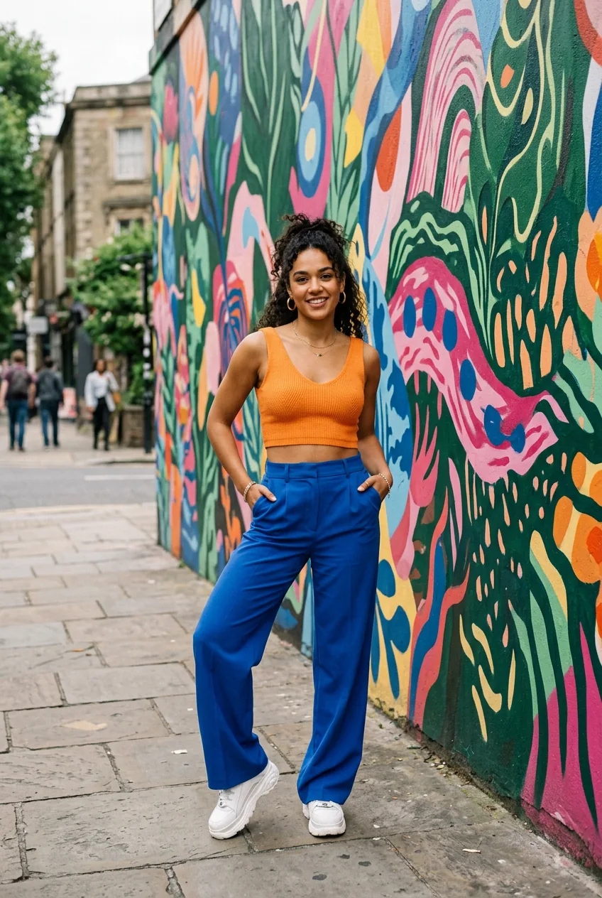 Woman in a bold cobalt blue and tangerine color-blocked crop top and wide-leg trouser set with white platform sneakers