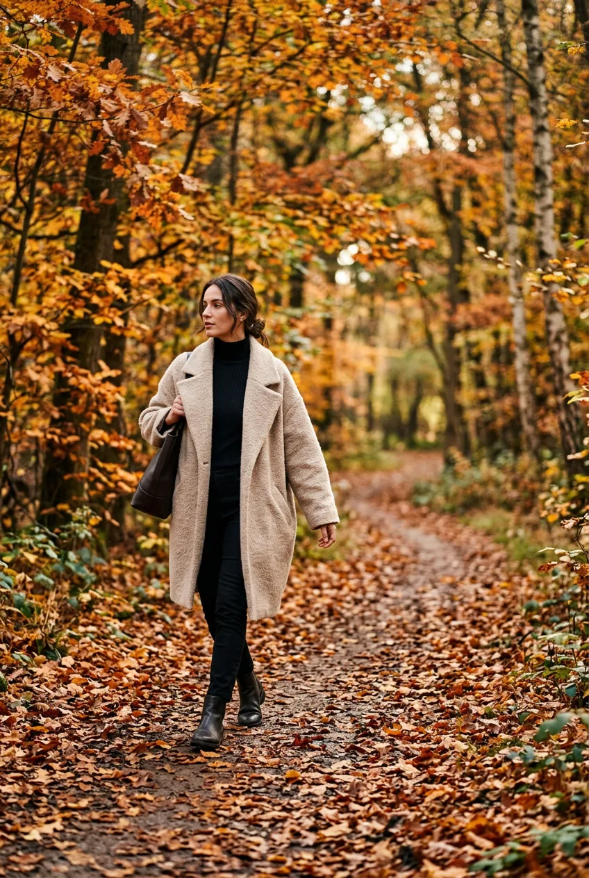 Woman in oversized oat cocoon coat and slim black trousers walking a leaf-covered autumn path