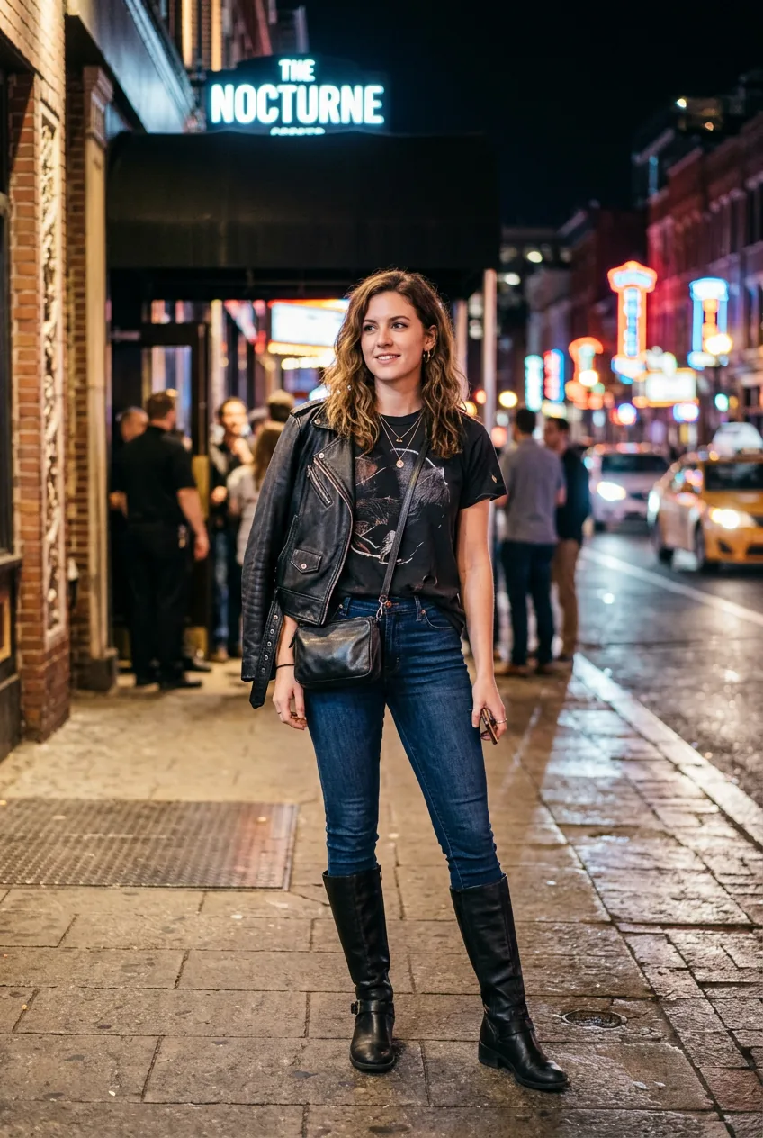 Woman outside a concert venue at night wearing knee-high boots, jeans, and a leather jacket over one shoulder