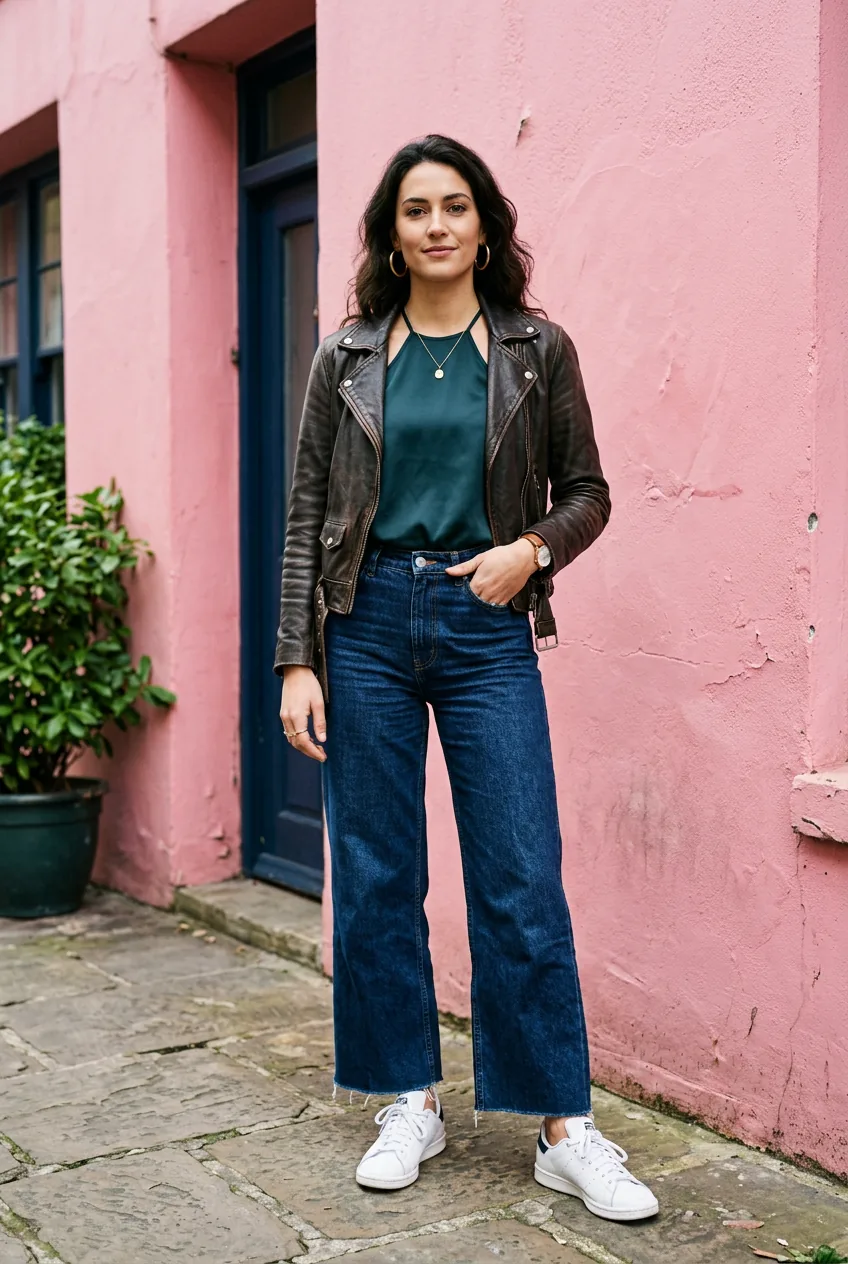 Woman in dark indigo wide-leg jeans, silk halter, and worn leather jacket with gold hoop earrings