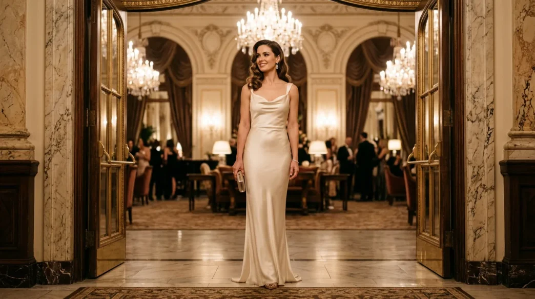 Woman in cream bias-cut satin column gown standing in warmly lit grand hotel doorway