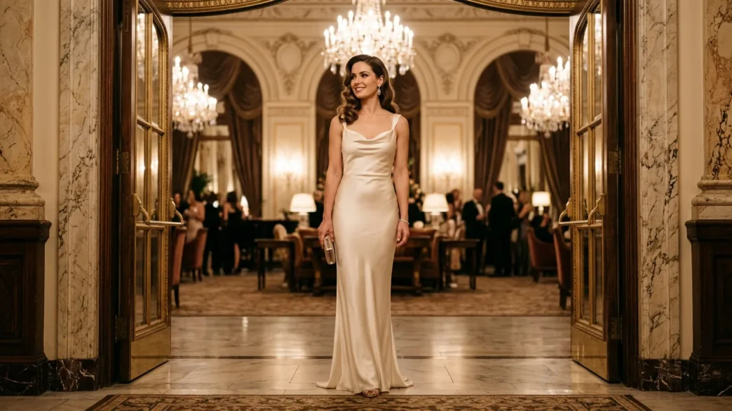 Woman in cream bias-cut satin column gown standing in warmly lit grand hotel doorway