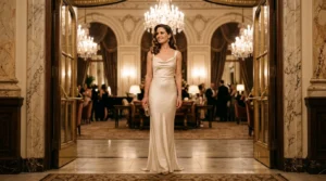 Woman in cream bias-cut satin column gown standing in warmly lit grand hotel doorway