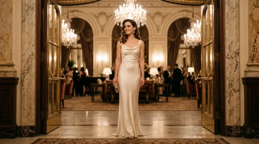 Woman in cream bias-cut satin column gown standing in warmly lit grand hotel doorway