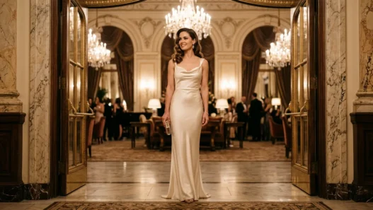 Woman in cream bias-cut satin column gown standing in warmly lit grand hotel doorway