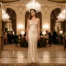 Woman in cream bias-cut satin column gown standing in warmly lit grand hotel doorway