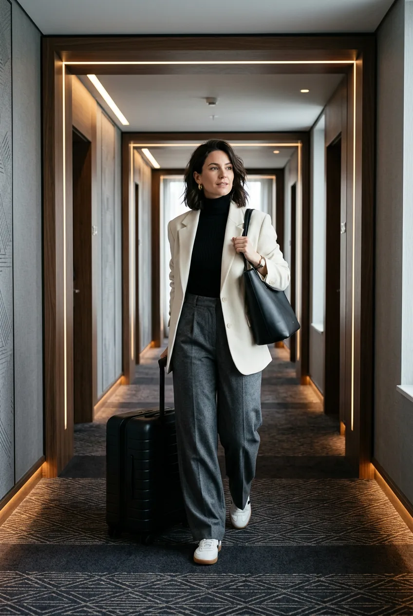 Woman wearing cream oversized blazer over black turtleneck and wide-leg grey trousers with white trainers in modern hotel hallway