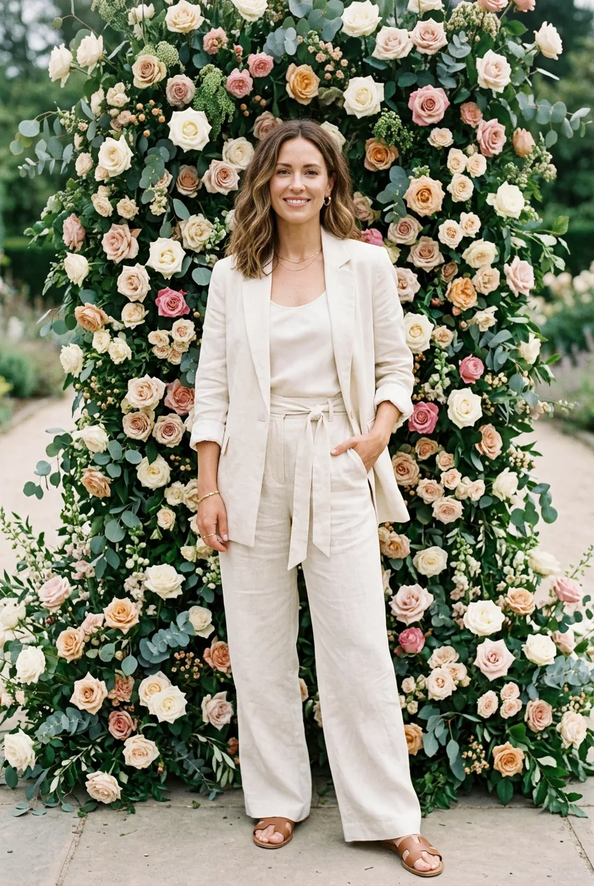 Woman in cream wide-leg linen trouser set with relaxed blazer top posed in garden floral backdrop
