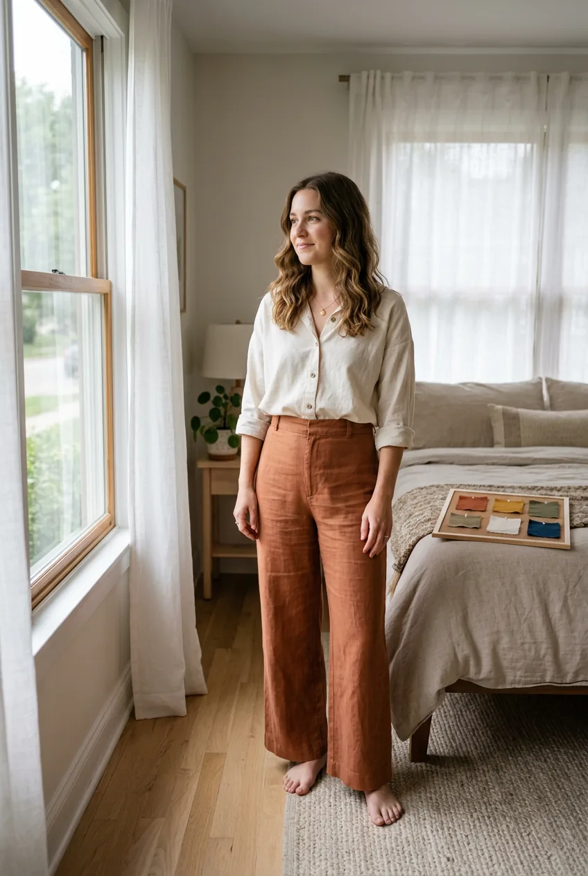 Woman wearing cream chambray top with terracotta wide-leg trousers standing near sheer-curtained window in overcast natural light