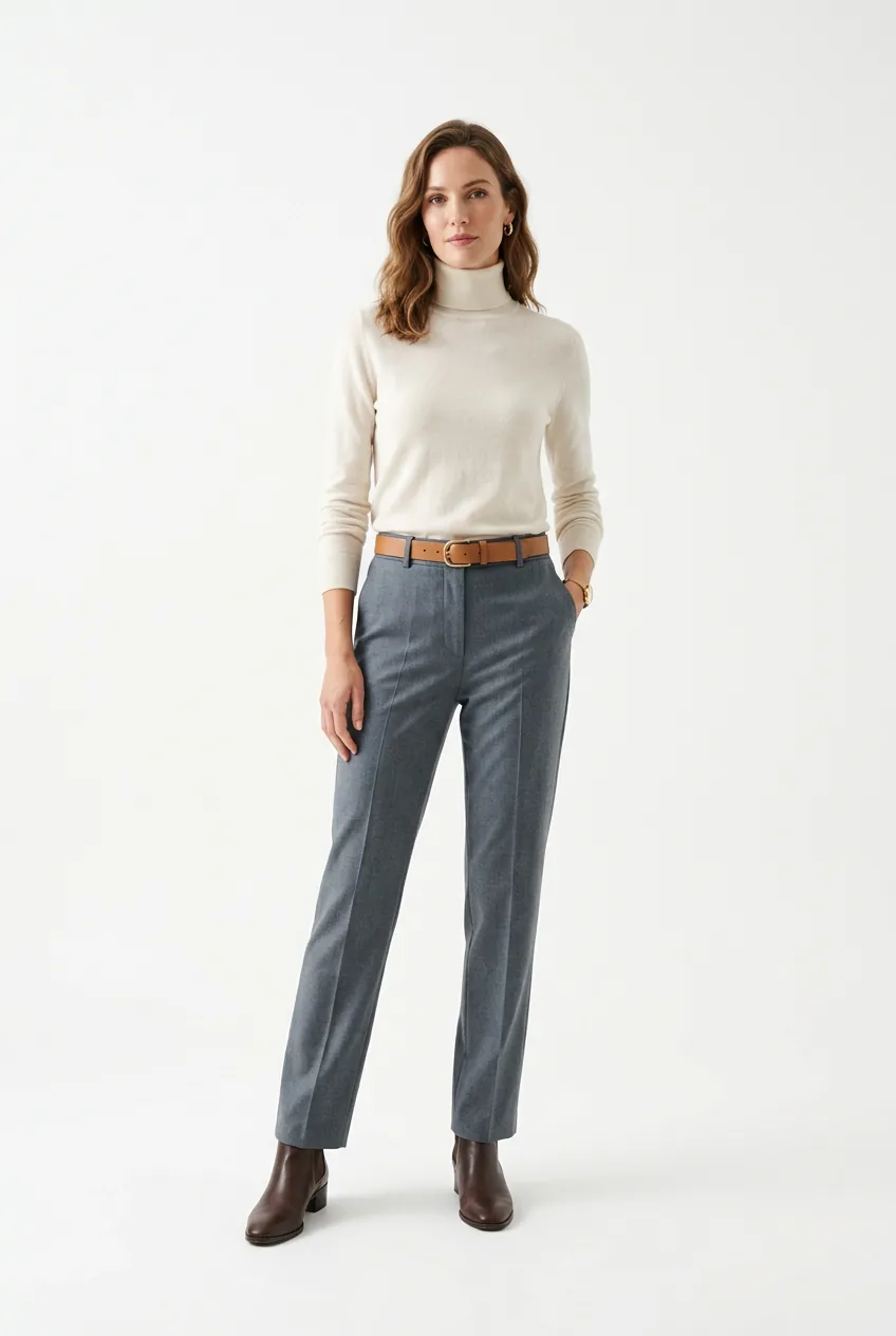 Woman in cream fine-gauge knit turtleneck tucked into slate grey straight-leg trousers with tan belt