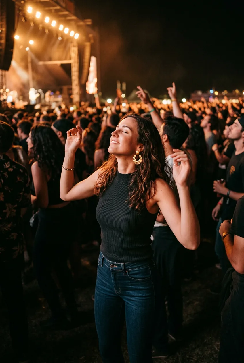Woman in the crowd at a live concert, arms raised slightly, wearing a simple polished outfit lit by warm amber stage light