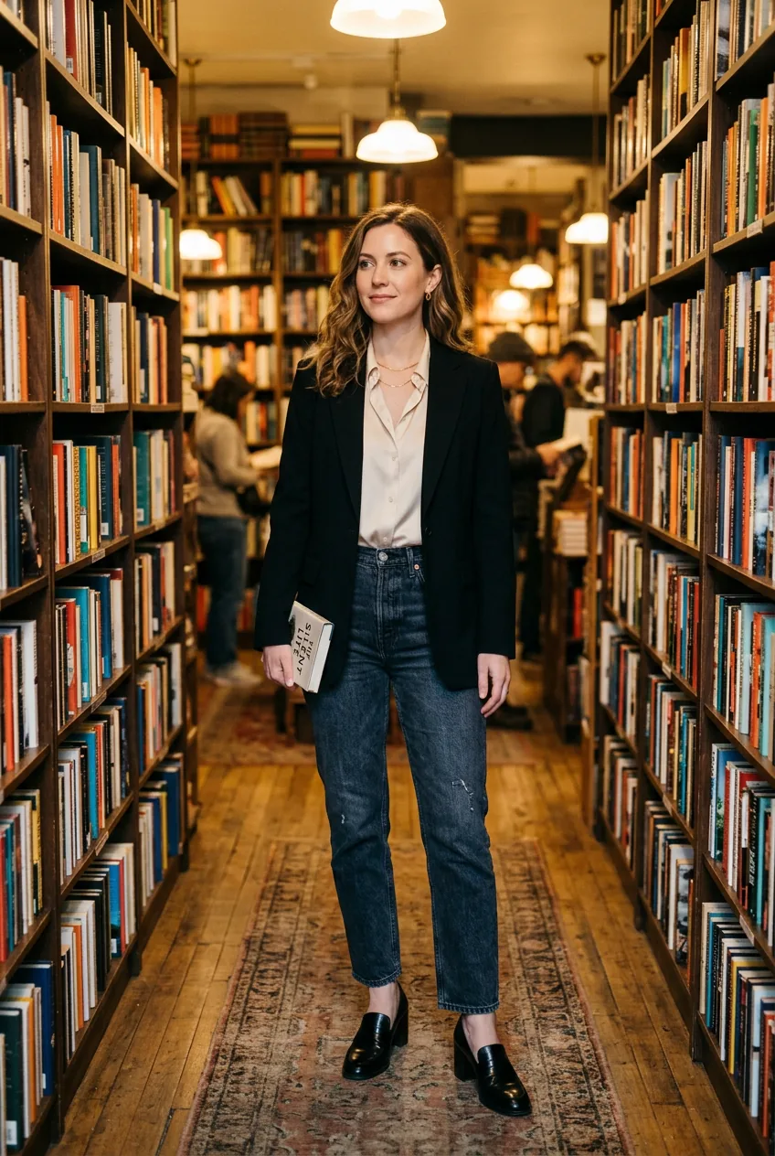 Woman in a warmly lit bookstore wearing dark-wash straight-leg jeans with a silk blouse, structured black blazer, and heeled loafers