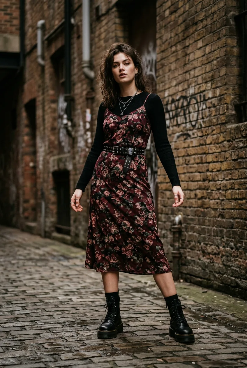 Woman in dark burgundy floral midi dress over black long-sleeve, studded belt and chunky platform boots in brick alley
